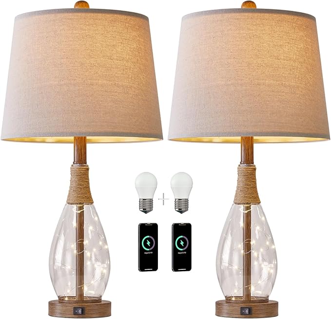 OYEARS Table Lamp Sets of 2,Lamps for Living Room,Bedside Lamps with USB A+C and Nightlight,Retro Farmhouse Rattan Glass,for Bedroom Living Room Bedroom,Two Light Points,23"