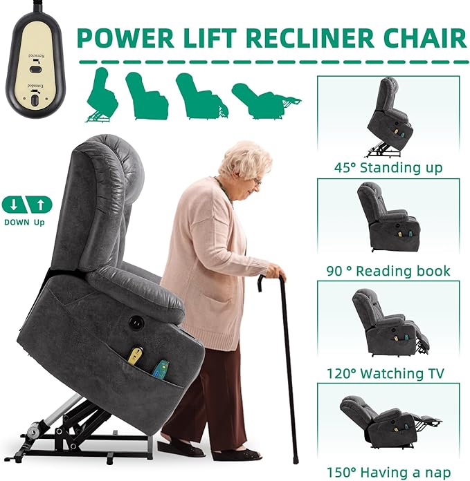 VIVIJASON Tall Man Large Power Lift Recliner Chair with Massage and Heat for Elderly, Overstuffed Wide Electric Lift Recliner with Extended Footrest, 2 Cup Holder, Side Pockets & USB Ports (Grey)