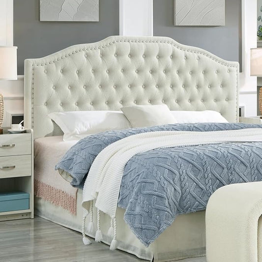 24KF Upholstered Button Tufted King Size Headboard with Nailhead Trim, Elegant Boucle Fabric California King headboard, 6031-K-Boucle-Beige