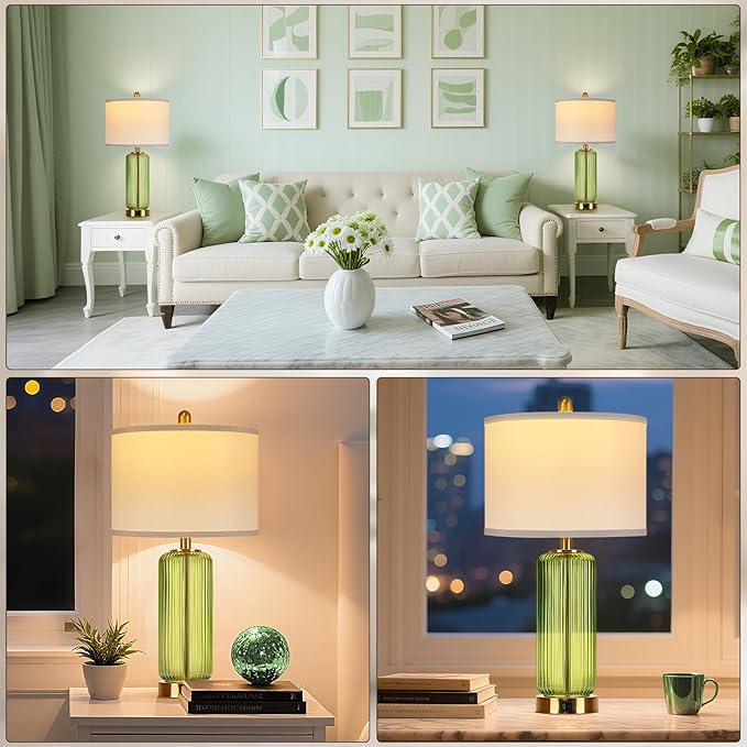 Table Lamps Set of 2 with Touch Control, 3-Way Dimmable Nightstand Lamp with Vertical Grained Glass, 27" Modern Glass Bedside Lamps with USB A+C Ports, Green Bedside Table Lamps, Desk Lamp for Bedroom