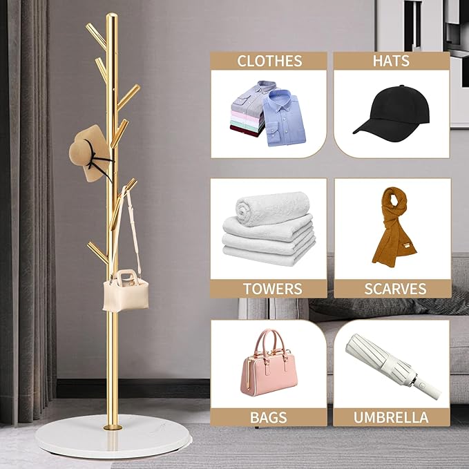 Coat Rack Stand with Natural Marble Base, Metal Freestanding Coat Rack, Modern Golden Coat Racks with 8 Hooks, Golden Standing Coat Hall Tree Hanger Stand for Scarf, Bag, Jacket