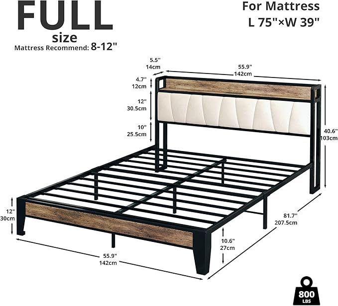 LIKIMIO Full Size Bed Frame, Storage Headboard with Charging Station, Solid and Stable, Noise Free, No Box Spring Needed, Easy Assembly (Walnut and Beige)