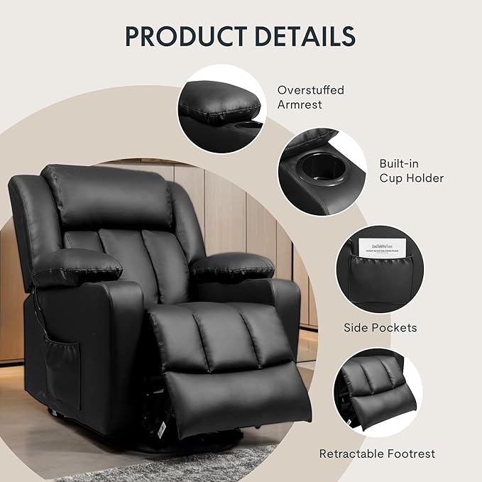 FLEXISPOT XL31 Power Lift Recliner Chair for Elderly, Electric Lift Chair with Massage & Heat, PU Leather Reclining Sofa w/Cup Holders, Side Pockets for Living Room Bedroom(Medium Size,Black)