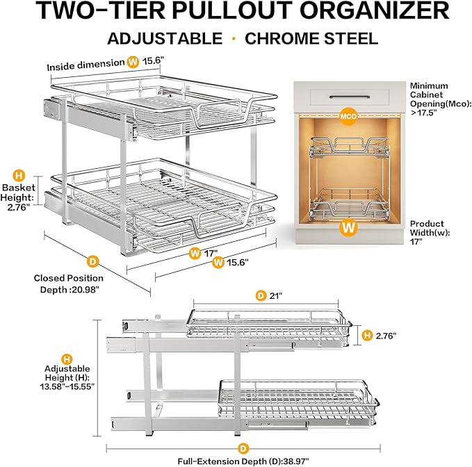 2-Tier Kitchen Cabinet Pull Out Cabinet Organizer,Shelf and Drawer Organizer Slide Out Pantry Storaqe Basket in Multiple Sizes (17" W x 21" D)