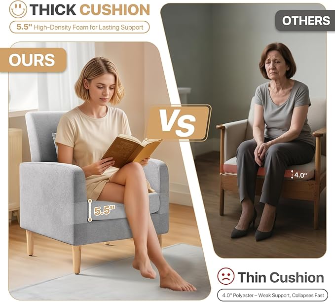 Magshion Mid-Century Accent Chair for Living Room, Comfy Reading Chair for Bedroom, Upholstered Linen Fabric Armchair Single Sofa with Back Pillow & Wood Legs, 300 lbs Capacity, Gray