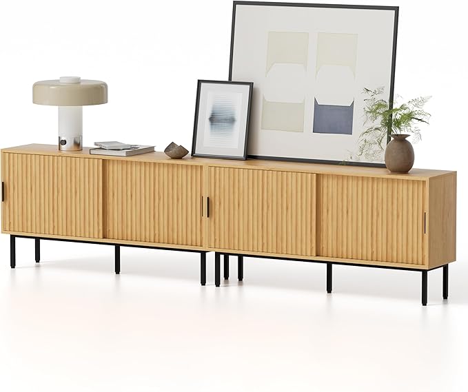 Fluted Tv Stand Set of 2, Modern Entertainment Center with Adjustable Shelves, Sliding Doors, Wood Media Console with Storage for Living Room, Natural Oak