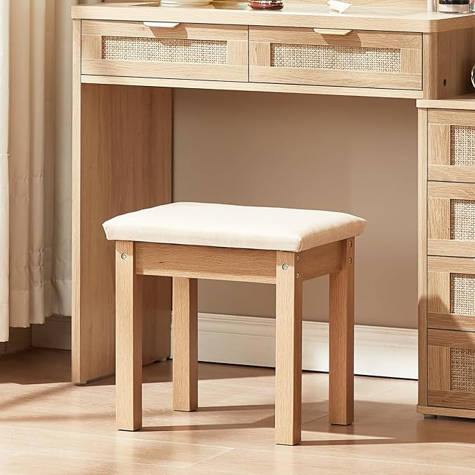 LEYAOYAO Vanity Stool, Elegant Makeup Stool with Comfortable Fabric Cushion, Sturdy Wooden Frame, Modern Vanity Bench for Bedroom and Bathroom-Natural Wood