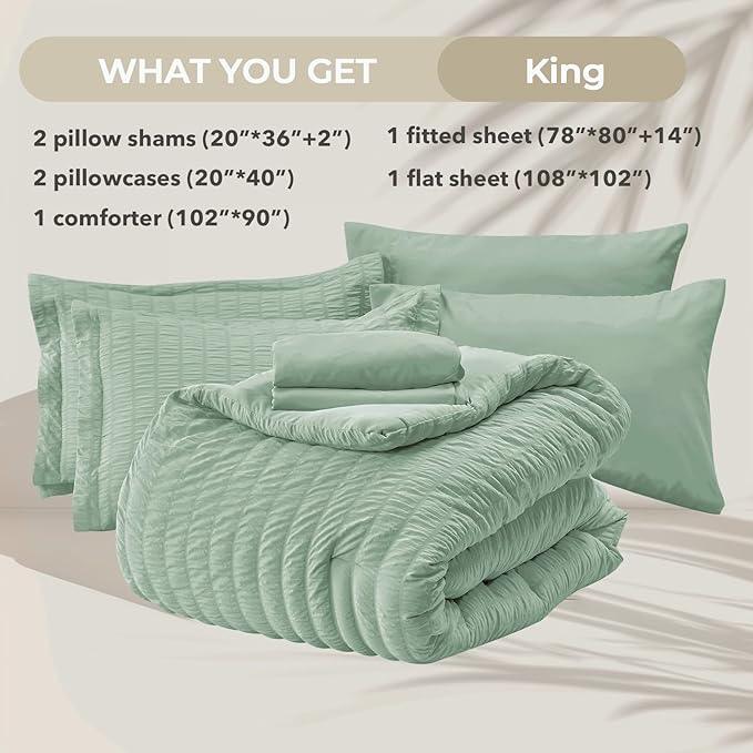 HYMOKEGE Sage Green King Size Comforter Set Seersucker 7 Pieces, All Season Luxury Bed in a Bag for Bedroom, Bedding Set with Comforters, Sheets, Pillowcases & Shams