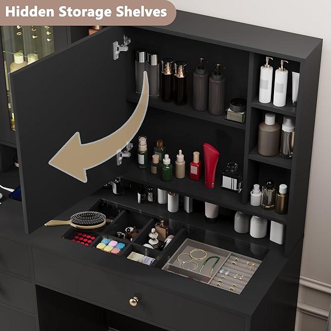 Makeup Vanity Desk with Mirror and Lights, Black Vanity with Glass Top, Jewelry Storage, Power Outlets, 3 Drawers & 2 Cabinets, Adjustable LED Lighting, Dressing Table for Women & Girls Bedroom