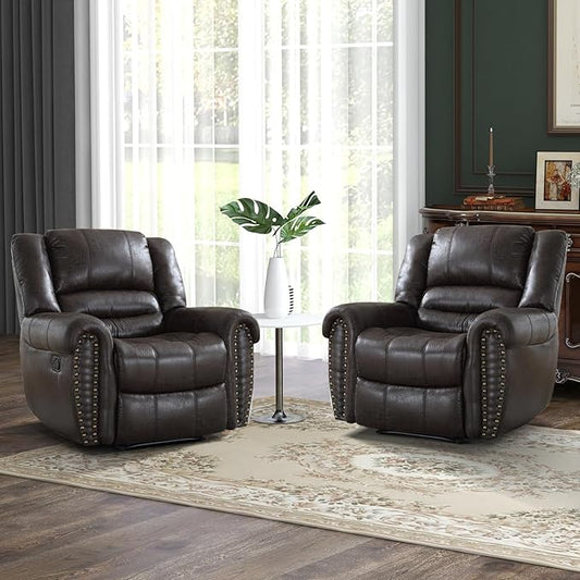CANMOV Leather Recliner Chair Set of 2, Classic and Traditional Manual Recliner Chair with Comfortable Arms and Back,Manual Single Recliner Sofa for Living Room, Dark Grey