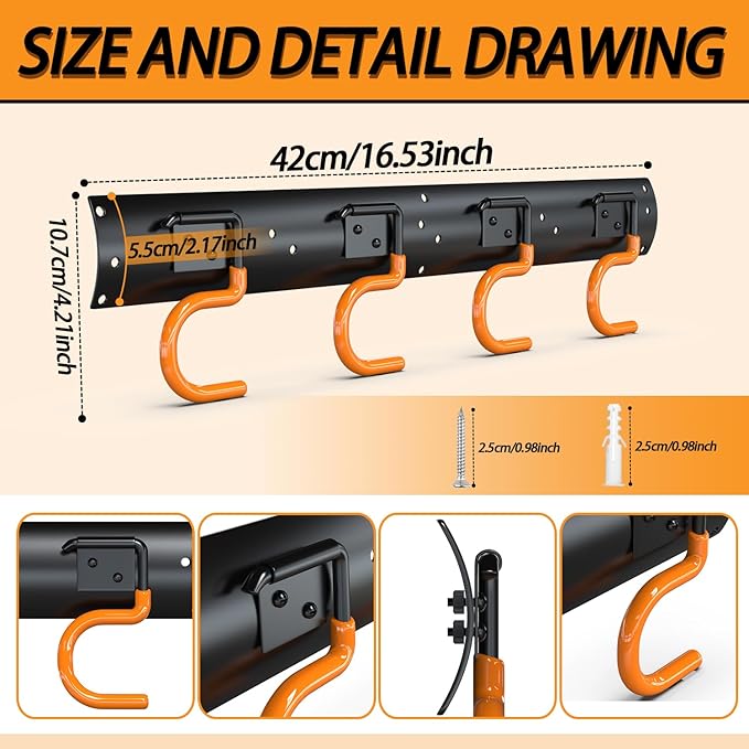 3-H 2×16" All Metal Garden Tool Organizer, Garage Tool Organizer, Broom Holder Wall Mount for Garage, Shed, Garden, Basement Hanging and Organizing Rake, Mop, Shovel, Hose