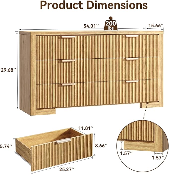Fluted 6 Drawers Dresser for Bedroom, 54" Modern Chest of Drawers with Metal Handle, Wood Closet Clothes Storage Organizer for Living Room, Hallway, Entryway, Natural Oak