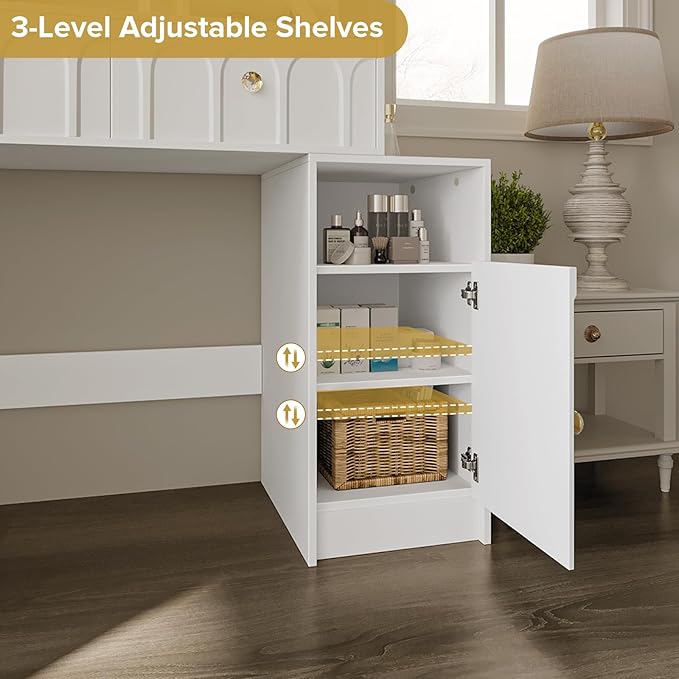 Vanity Desk with Mirror and Lights, Makeup Desk with 2 Drawers & Adjustable Shelves, Dressing Table with Charging Station for Bedroom. 3 Adjustable Light Modes