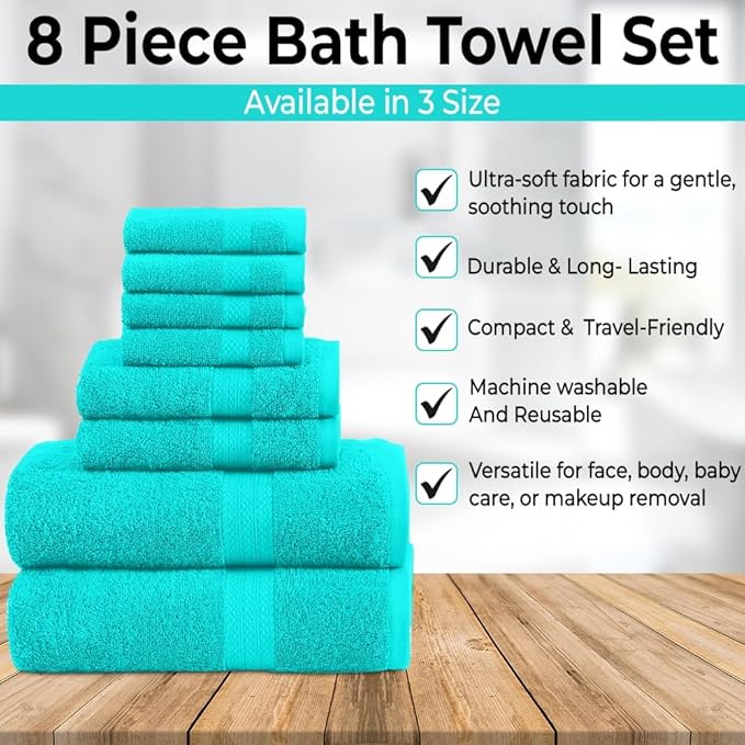 Pack of 8 Towels Set, 2 Large Bath Towels, 2 Hand Towels, 4 Wash Cloths, 100% Cotton, Lighter Weight, Quicker to Dry, Super Absorbent, Perfect for Bathroom (Aqua)