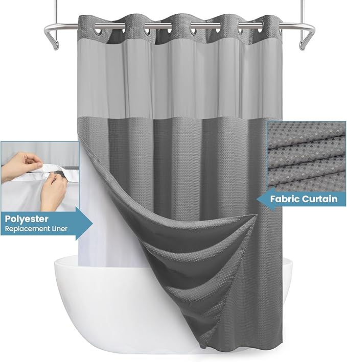 Grey Long Shower Curtain and Liner Set - 230GSM Waffle Weave Textured Heavy Duty,Hotel Luxury Weighted Bath Curtain,71W x 86H