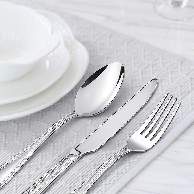 20-Piece Silverware Set, HaWare Stainless Steel Flatware Service for 4, Pearled Edge Tableware Cutlery Include Knife/Fork/Spoon, Beading Eating Utensil for Home, Mirror Polished, Dishwasher Safe