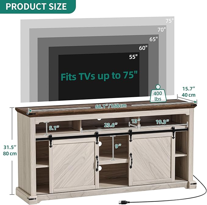 YITAHOME TV Stand for 75 Inch TV with Power Outlets, LED TV Stands Farmhouse Entertainment Center TV Media Console with Sliding Barn Doors for Living Room, Off White & Walnut Grain