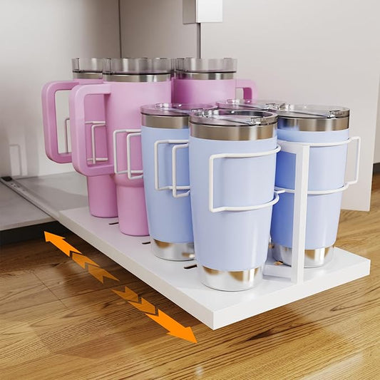 Pull Out Stanley Cup 0rganizer, Tumbler Organizer for Cabinets, Stainless Steel Water Bottle Organizer for 16 to 40oz Cup, White