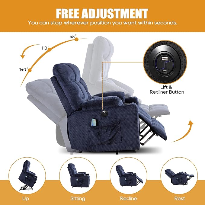 Power Lift Recliner Chair for Elderly, Lift Chair with Heat and Massage, Power Lift Recliners for Living Room with Infinite Position, USB-A＆C, Cup Holder, Side Pocket
