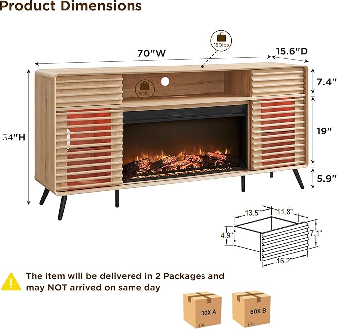 RedLemon Fireplace TV Stand for 80 Inch TV, Mid Century Modern Entertainment Center with 36" Electric Fireplace & Led Lights, Wood Media Console w/Slatted Sliding Doors for Living Room, Natural Oak