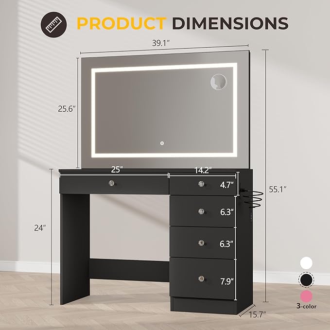 39" Vanity Desk with Mirror and Lights, 5 Drawers Makeup Vanity Desk with Tempered Glass top, 3 Lighting Modes Adjustable Brightness, Black Vanity with Magnetic 5X Magnifier for Bedroom