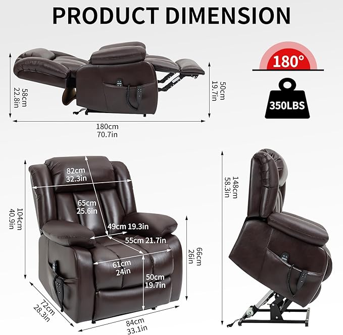 Dual Motor Large Recliner with Massage and Heat, Power Lift Chairs for Elderly, Breathable Leather Recliner Chairs for Adults with 2 Remote Controls, Red Brown Big and Tall Recliner