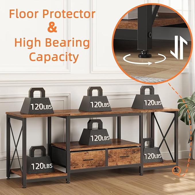 TV Stand with Fabric Drawer for 50 55 Inches TV - Entertainment Center and Industrial TV Console Table with Open Storage Shelves for Living Room, Bedroom - 47" Rustic Brown