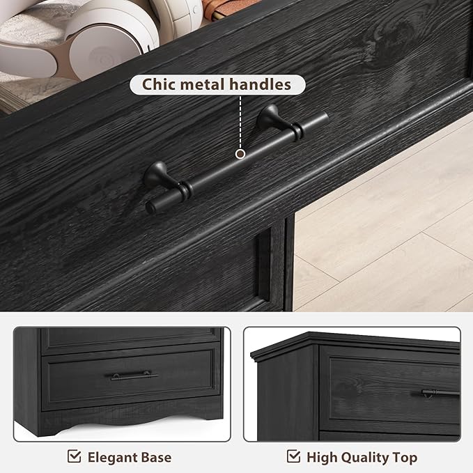 Black Dresser for Bedroom, 36" Tall 4 Drawer Dresser Chest with Sleek Brushed Metal Handles, Wood Storage Cabinet with Unique Base Design, Closet Organizer for Bedroom, Living Room, Hallway