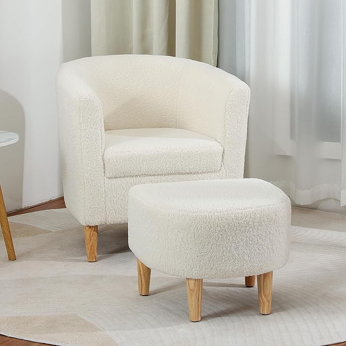 DAZONE Sherpa Chair, Accent Chair Set of 2 White Fluffy Teddy Barrel Chairs with Ottoman Comfy Armchair Comfortable Living Room Chairs Upholstered Club Tub Sofa Chair for Bedroom Reading Room