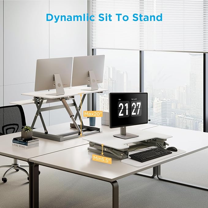 36" Electric Standing Desk Converter, Dyropcurv Series Height Adjustable Computer Desk Ergonomic Home Office Desk for Adults, Sit to Stand Desk with Quiet Motor, White