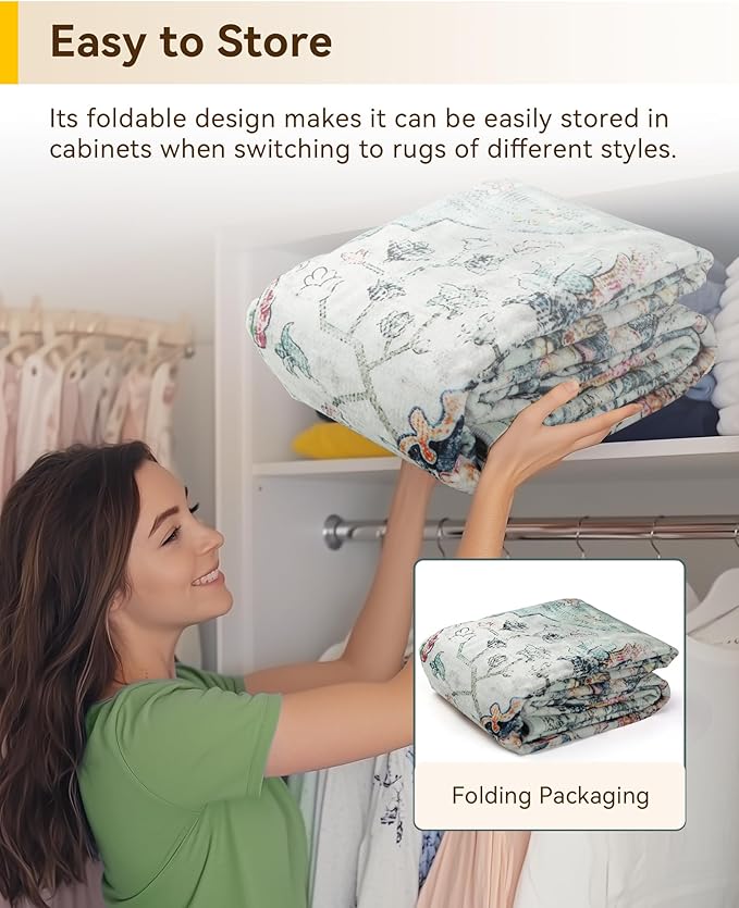 Area Rugs 5ft Washable Non-Slip, Floral Vintage Distress Print Pattern Medallion Carpet for Living Room Bedroom Dining Room, Green Navy Blue White Red Teal Colorful