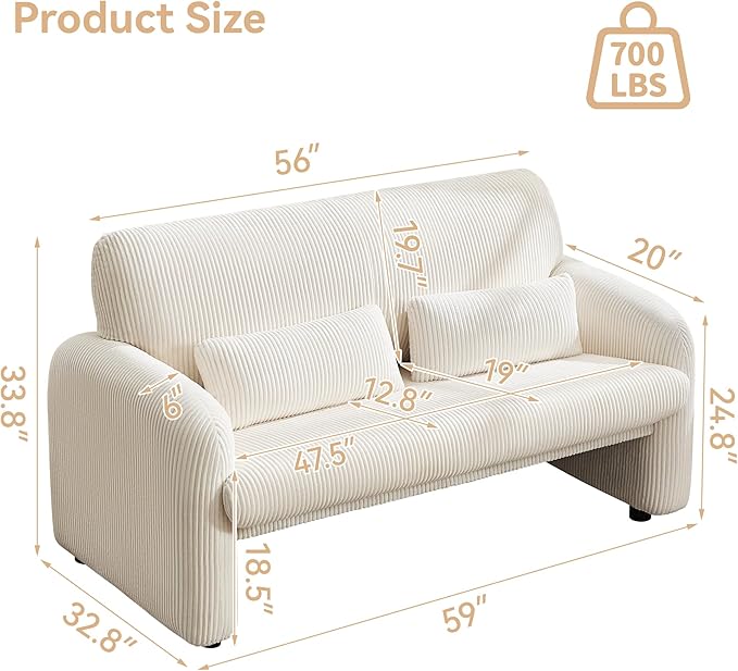 56'' Corduroy Loveseat Sofa, 2 Seater Love Seat Couch for Small Space, Comfy Upholstered Modern Leisure Loveseat Couches with Lumbar Pillows for Bedroom, Office, Living Room, White