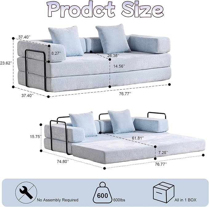 Convertible Sofa Bed, Compression Futon Sofa with Pillows & Armrest, Foldable Mattress Couch with Fixed-Shape Frame, Comfy Couch Lounge Sleeper Bed for Living Room Bedroom, Light Blue