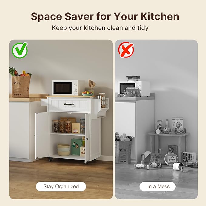 Gizoon Kitchen Island Cart with Adjustable Shelf, 33" W Mobile Trolley Cart on Metal Wheels with Drawer & Storage Cabinet, Spice Rack & Towel Rack, Wooden Countertop, for Dining Room, Bar, White