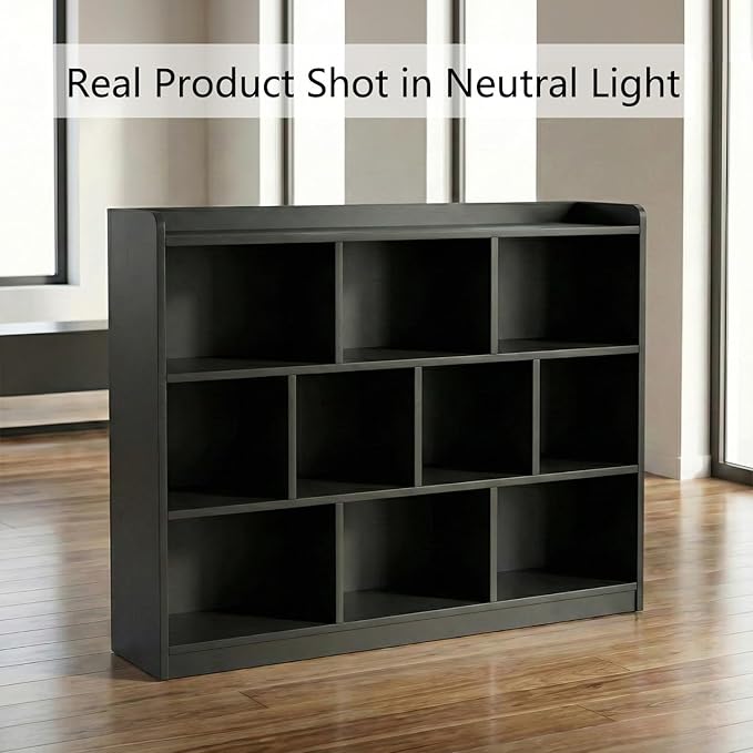 Black Bookshelf, Wood Bookcase with 3 Tier Open Shelves, 10-Cube Minimalist Storage Shelf for Living Room, Bedroom, 43.3" W x 35.4" H