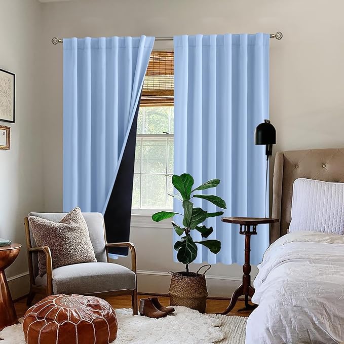 BGment Full Blackout Curtains with Liner Thermal Curtains 72 Inches Long, Rod Pocket and Back Tab Double Layer Room Darkening Window Curtains for Bedroom(52 x 72 Inch, 2 Panels, Light Blue)