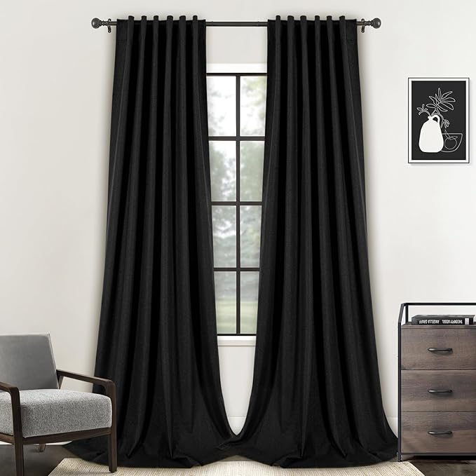 120 Inch Blackout Extra Long Curtains, 2 Panels Set Faux Linen Black Out Back Tab Pleated Hooks 10 FT Tall Curtains for Large Living Room Window, Thermal Insulated Room Darkening Black