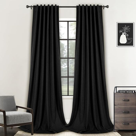120 Inch Blackout Extra Long Curtains, 2 Panels Set Faux Linen Black Out Back Tab Pleated Hooks 10 FT Tall Curtains for Large Living Room Window, Thermal Insulated Room Darkening Black