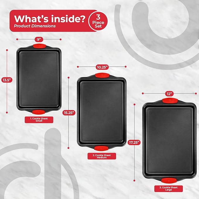 PERLLI Non-Stick 3-Piece Baking Pan Set, BPA-Free Carbon Steel Bakeware Set with Silicone Handles, Stackable Kitchen Oven Set, Cookie Sheet, Baking Tray, Baking Sheet Set, Oven Safe (446°F)