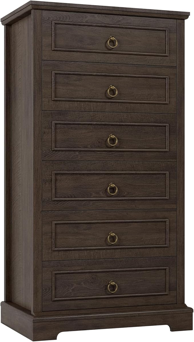 HOSTACK 6 Drawer Dresser for Bedroom, 52" Tall Dresser, Modern Farmhouse Vertical Chest of Drawers for Bedroom, Wooden Closet Chest, Wood Storage Cabinet for Living Room, Entryway, Dark Brown