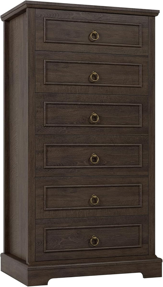 HOSTACK 6 Drawer Dresser for Bedroom, 52" Tall Dresser, Modern Farmhouse Vertical Chest of Drawers for Bedroom, Wooden Closet Chest, Wood Storage Cabinet for Living Room, Entryway, Dark Brown