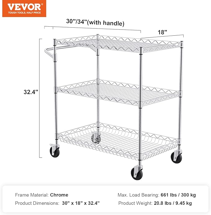 VEVOR Kitchen Utility Cart, 3 Tiers, Wire Rolling Table with 661 LBS Capacity, Steel Service Desk on Wheels, Metal Storage Trolley with 80 mm Deep Basket Curved Handle 6 Hooks
