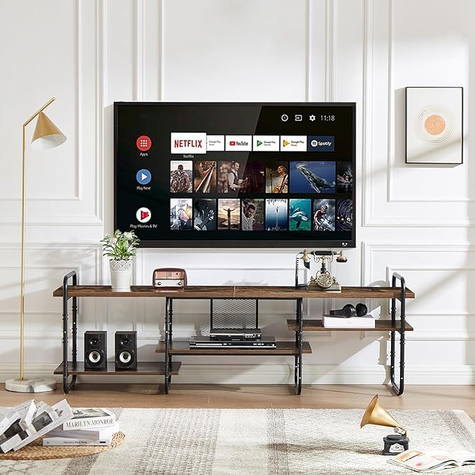 VECELO Industrial Television Stand up to 75 Inch TV,Entertainment Center/Media Console Table with Open Storage Shelves for Living Room/Bedroom,Classic Brown