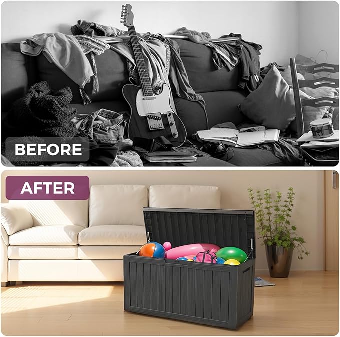 Vixzen 85 Gallon Resin Deck Box, Lockable Outdoor Storage Box for Patio Cushions Storage Furniture,Garden Tools, Pool Supplies, Weatherproof and UV Resistant