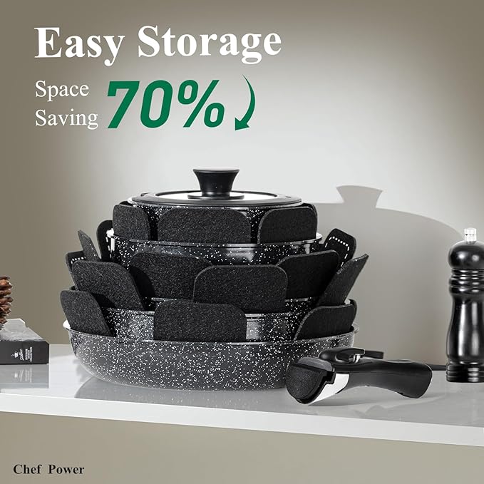 Chef Power Ceramic Nonstick Cookware Set 19 Piece with Detachable Handle, Induction Dishwasher Oven Safe Pans and Pots Set, RV Kitchen Set Removable Handle, Rock Stone Black