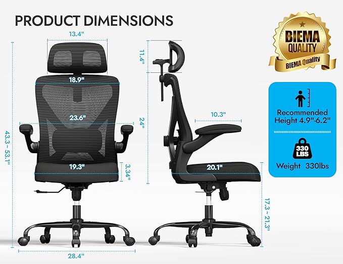 Ergonomic Office Chair - Mesh Desk Chair with Adjustable Lumbar Support High Back Computer Gaming Chairs - Big and Tall Office Chairs Adults, Comfortable for Long Hours, Black