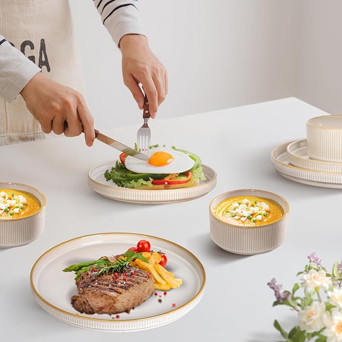 Romswi Dinnerware Set for 4, 16Pcs Stoneware Plates and Bowls Sets with Mugs, Chip & Scratch Resistant Dish Set, Handmade Reactive Glaze Plate Set, Oven,Microwave and Dishwasher Safe, Cappuccino White