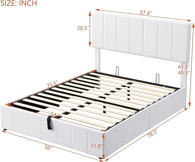 Full Size Bed Frame with Headboard, Elegant Linen Upholstered Platform Bed with a Hydraulic Storage System, Linen Fabric Backrest and Pine Wood Slats, No Box Spring Needed, White