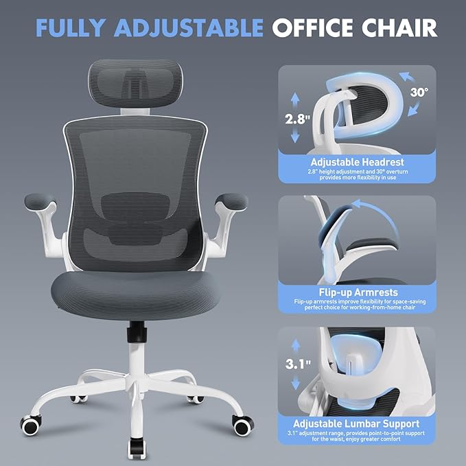 High Back Office Chair with Adjustable Lumbar Support & Headrest, Ergonomic Mesh Desk Chair with Flip-Up Armrests, Breathable & Comfortable Computer Chair for Home, Office & Study, Grey