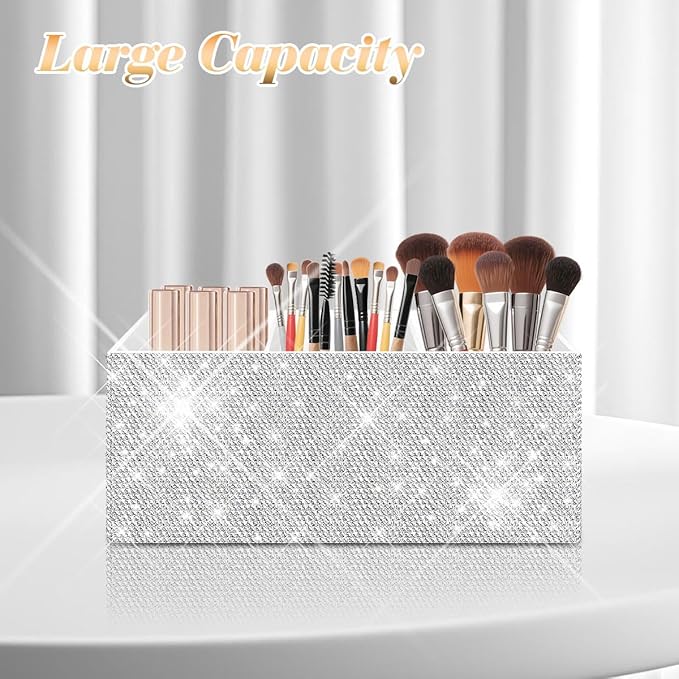 Bling Makeup Brush Holder Organizer, 3 Slot Sparkle Cosmetics Brushes Storage Holders with Shiny Crystal Rhinestones, Glitter Cute Pen and Pencil Holder for Desk, Eyeliners Display Case for Vanity